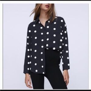 Zara Black and White Polka Dot Button-Down Shirt